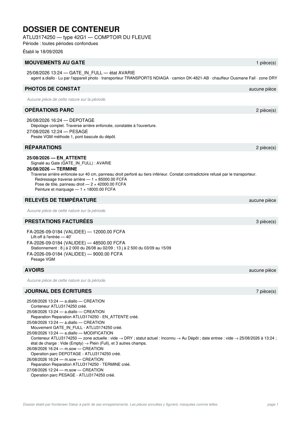 Dossier de conteneur : mouvements au gate, photos de constat,
                  opérations parc, réparations, relevés de température,
                  prestations facturées, avoirs et journal des écritures.