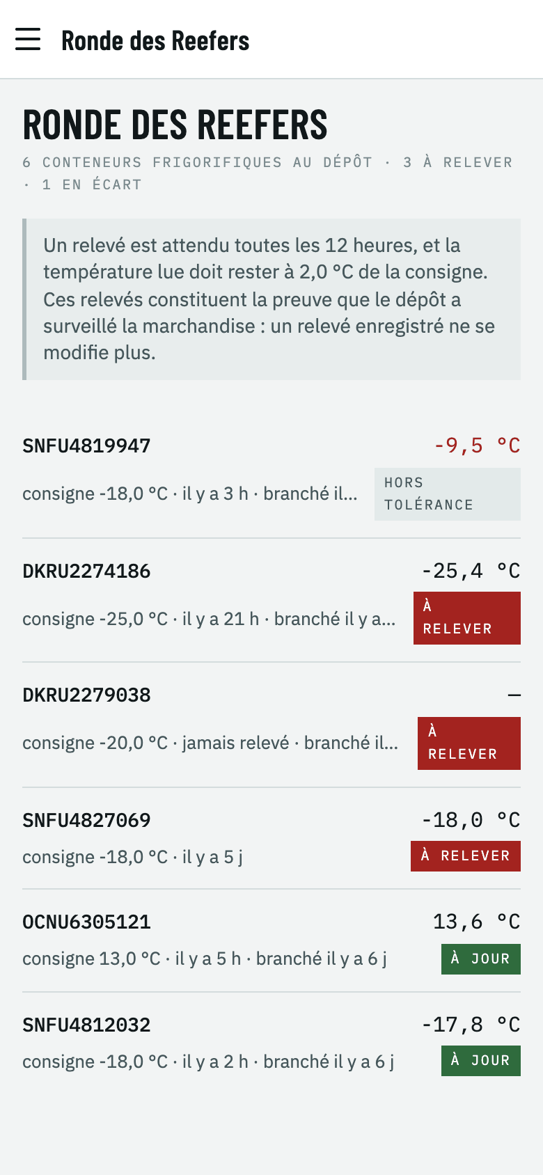 Ronde des reefers sur téléphone : six conteneurs
                  frigorifiques, trois à relever, un en écart de température,
                  chaque ligne portant la température lue et sa consigne.